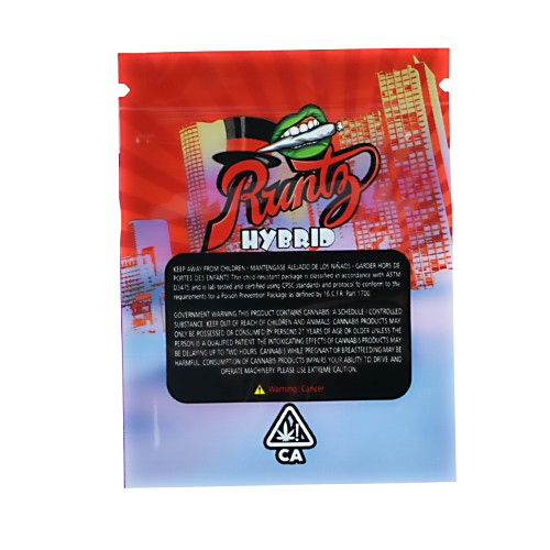 Mylar Bag Runtz Hybrid packaging with red background and cityscape design
