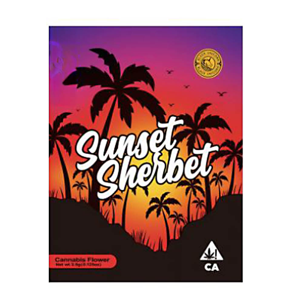 Mylar Bag Packaging for 'Sunset Sherbet' cannabis flower with palm tree design and sunset background.