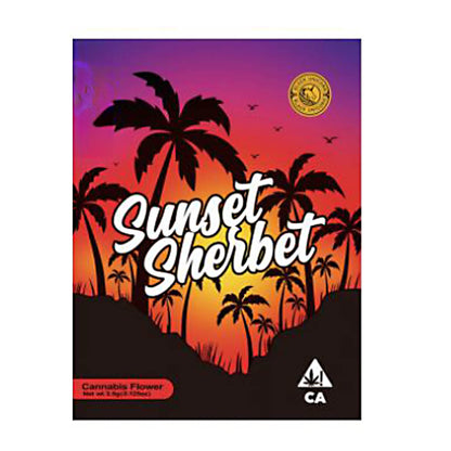 Mylar Bag Packaging for 'Sunset Sherbet' cannabis flower with palm tree design and sunset background.