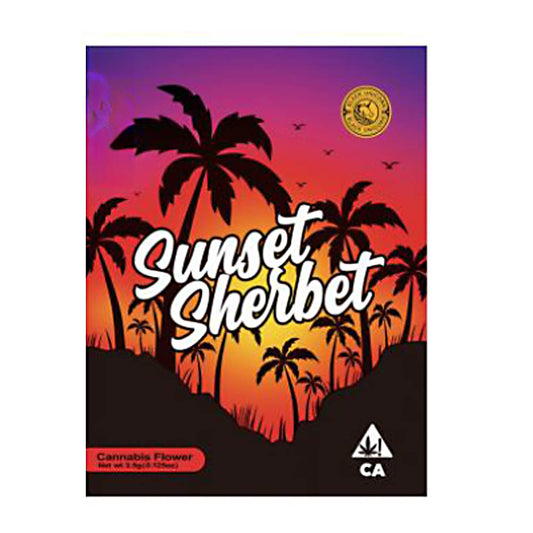 Mylar Bag Packaging for 'Sunset Sherbet' cannabis flower with palm tree design and sunset background.