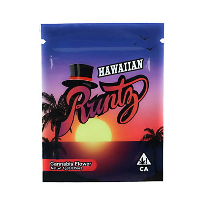 Mylar Bag Hawaiian Runtz cannabis flower packaging with sunset design and palm trees.
