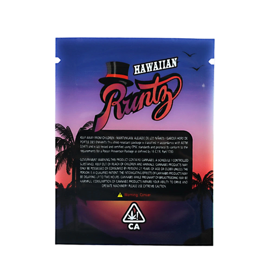 Mylar Bag Hawaiian Runtz cannabis packaging with sunset design and warning label.