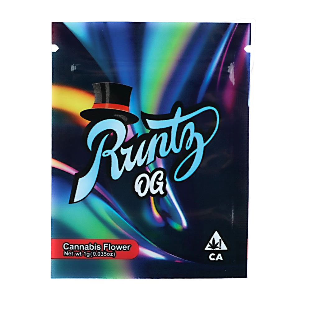 Mylar Bag Runtz OG cannabis flower packaging with colorful design and top hat logo.