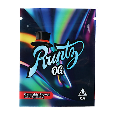 Mylar Bag Runtz OG cannabis flower packaging with colorful design and top hat logo.