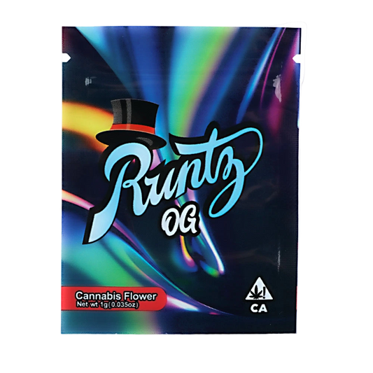 Mylar Bag Runtz OG cannabis flower packaging with colorful design and top hat logo.