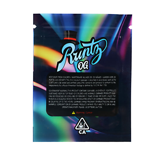 Mylar Bag Runtz OG packaging with colorful background and cannabis logo