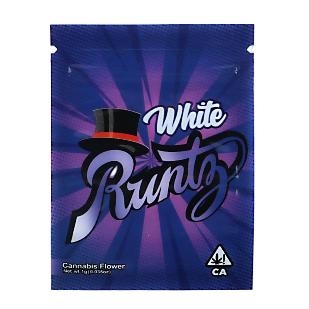 Mylar Bag Blue packaging of White Runtz cannabis flower with brand logo and 'CA' label.