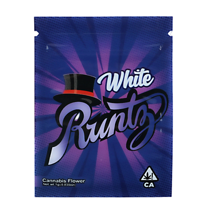 Mylar Bag Blue packaging of White Runtz cannabis flower with brand logo and 'CA' label.