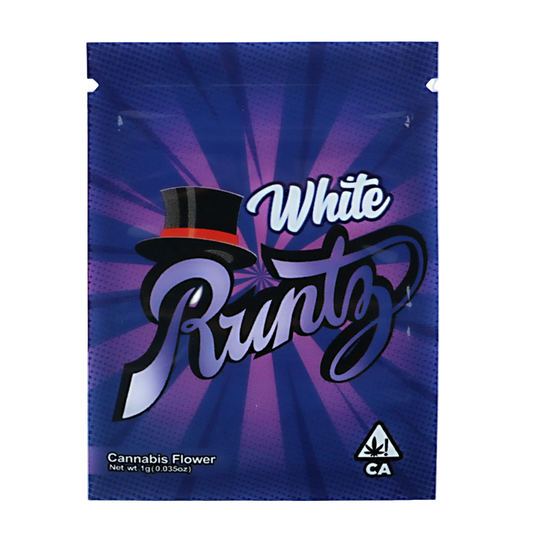 Mylar Bag Blue packaging of White Runtz cannabis flower with brand logo and 'CA' label.