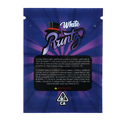 Mylar Bag Blue packaging of White Runtz with branding and warning label on a white background