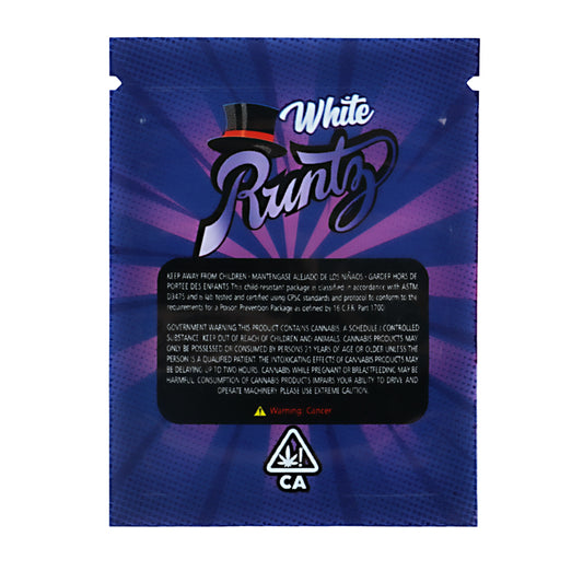 Mylar Bag Blue packaging of White Runtz with branding and warning label on a white background