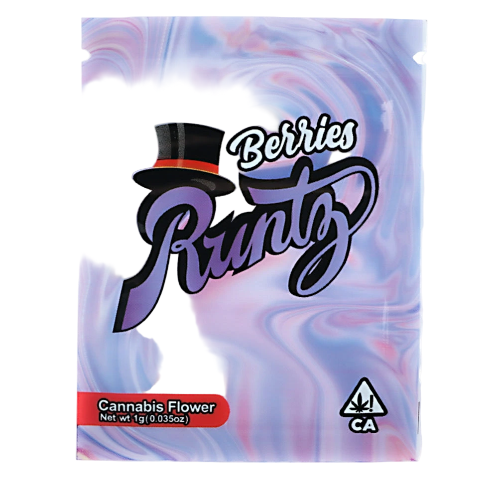 Mylar Bag Runtz Berries cannabis flower packaging with colorful swirl design on a white background