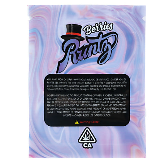 Mylar Bag Product packaging with 'Berries Runtz' branding on a colorful background