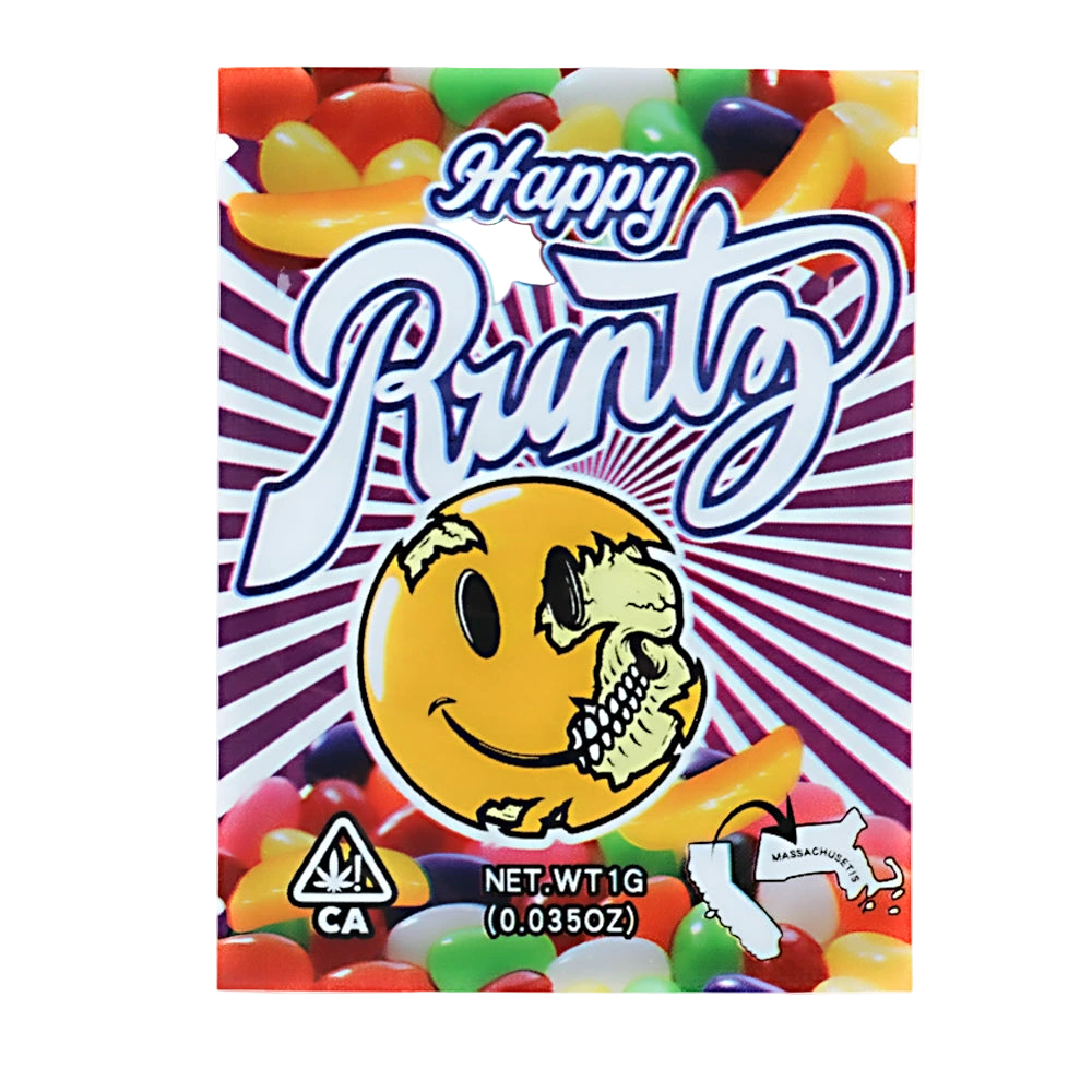 Mylar Bag Happy Runtz packaging with colorful jelly beans and a skull design on a white background
