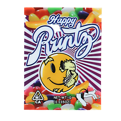 Mylar Bag Happy Runtz packaging with colorful jelly beans and a skull design on a white background