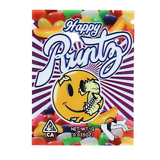 Mylar Bag Happy Runtz packaging with colorful jelly beans and a skull design on a white background