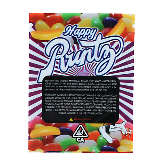 Mylar Bag Happy Runtz product packaging with colorful jelly beans and warning label.