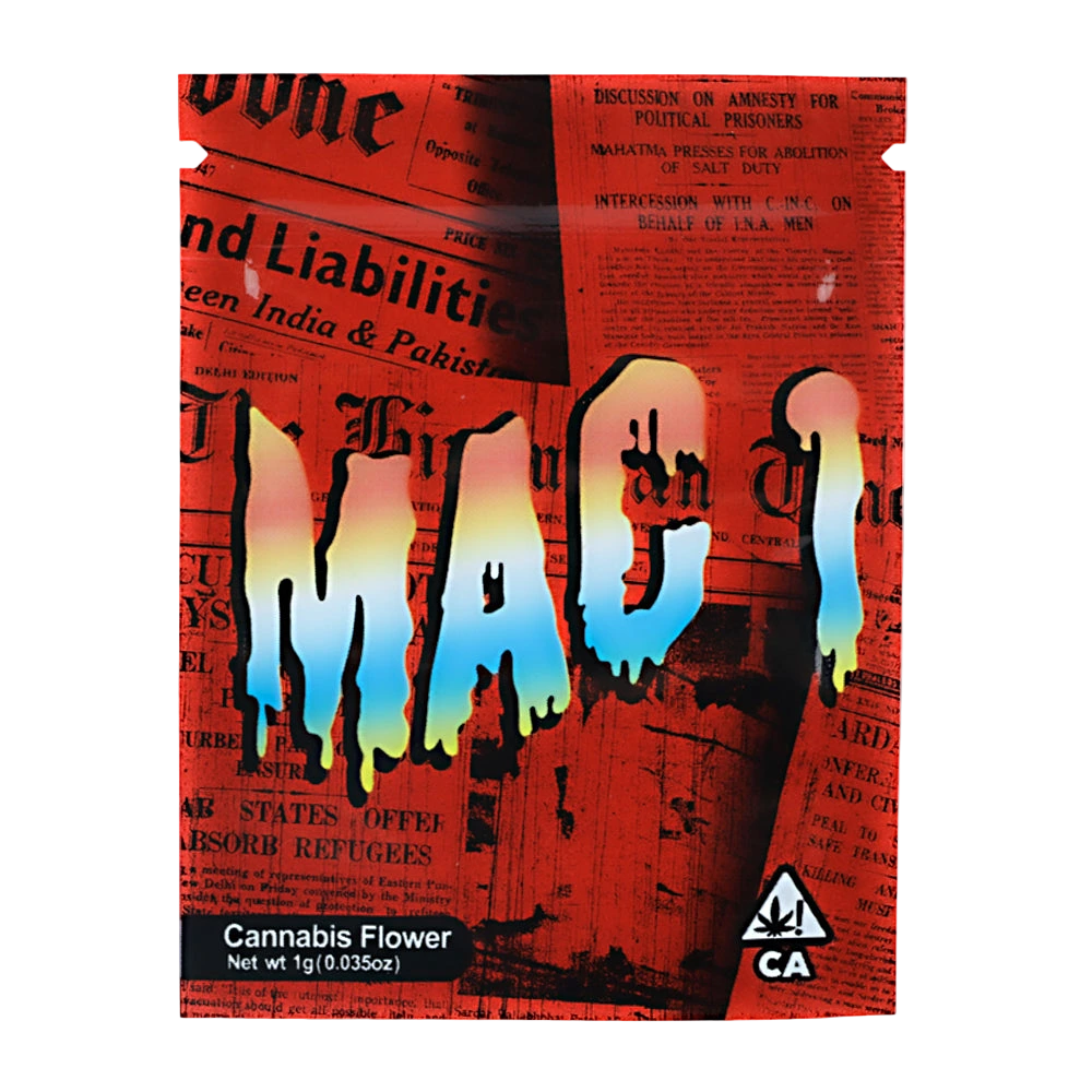 Mylar Bag Cannabis packaging with 'IMAC' branding on a red background