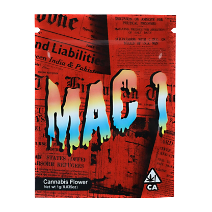 Mylar Bag Cannabis packaging with 'IMAC' branding on a red background