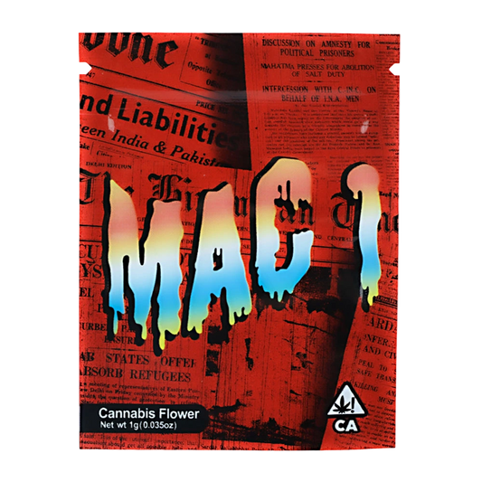 Mylar Bag Cannabis packaging with 'IMAC' branding on a red background