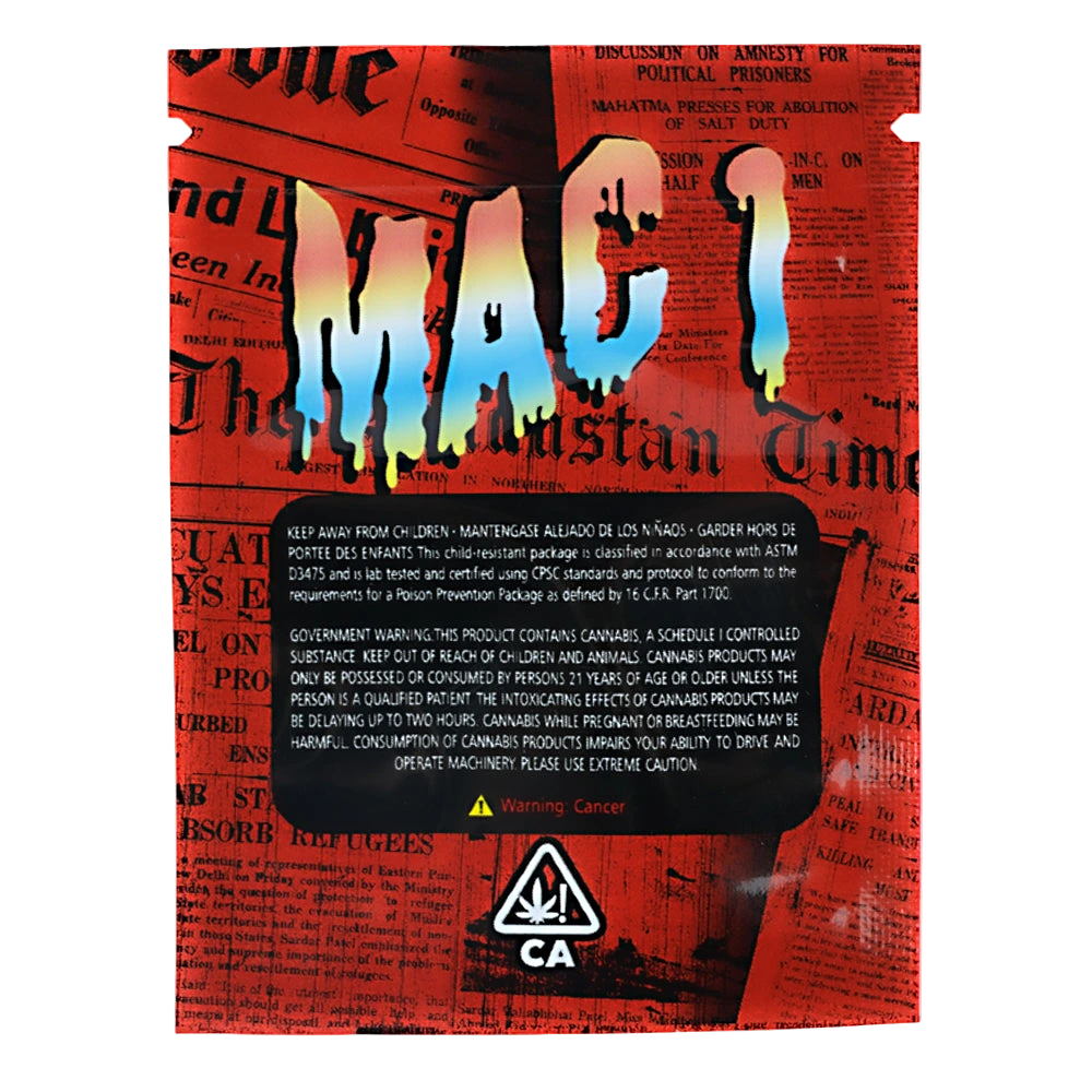 Mylar Bag Product packaging with 'MAC' branding on a red background with newspaper text.