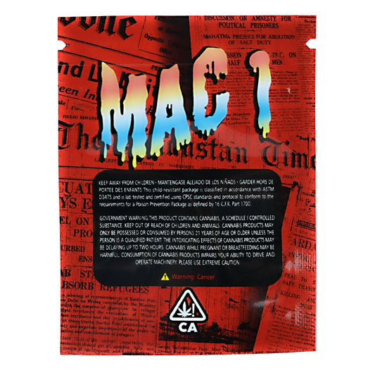 Mylar Bag Product packaging with 'MAC' branding on a red background with newspaper text.