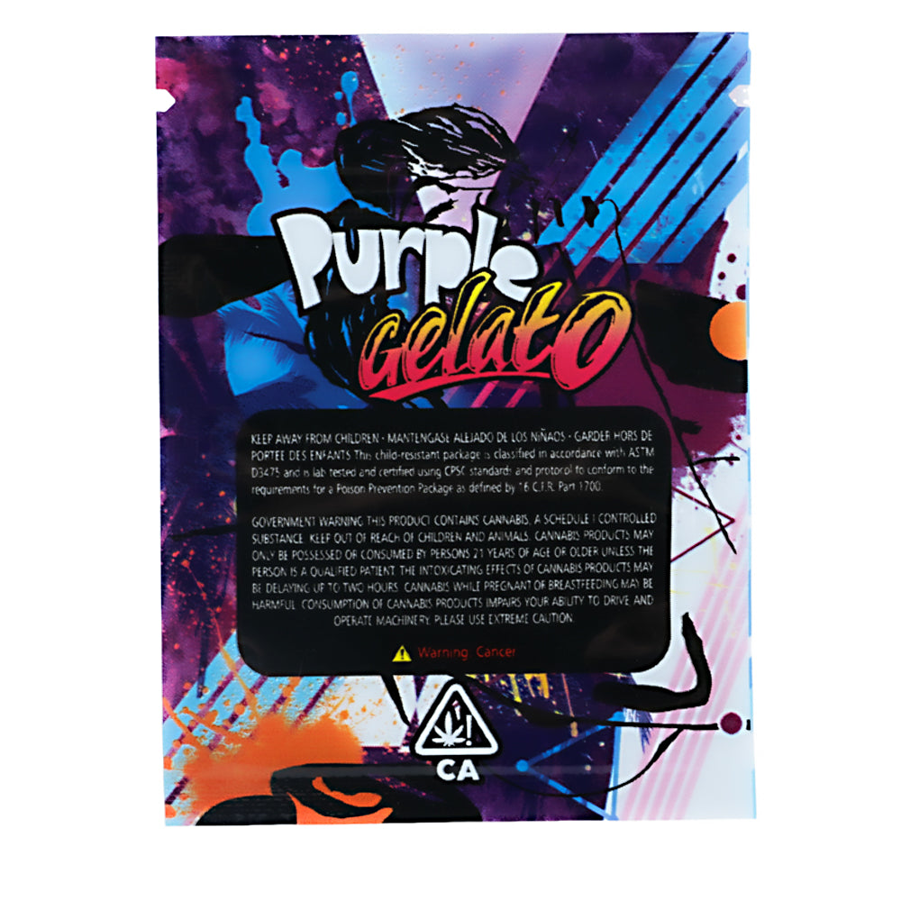Mylar Bag Purple Gelato product packaging with colorful design and text.