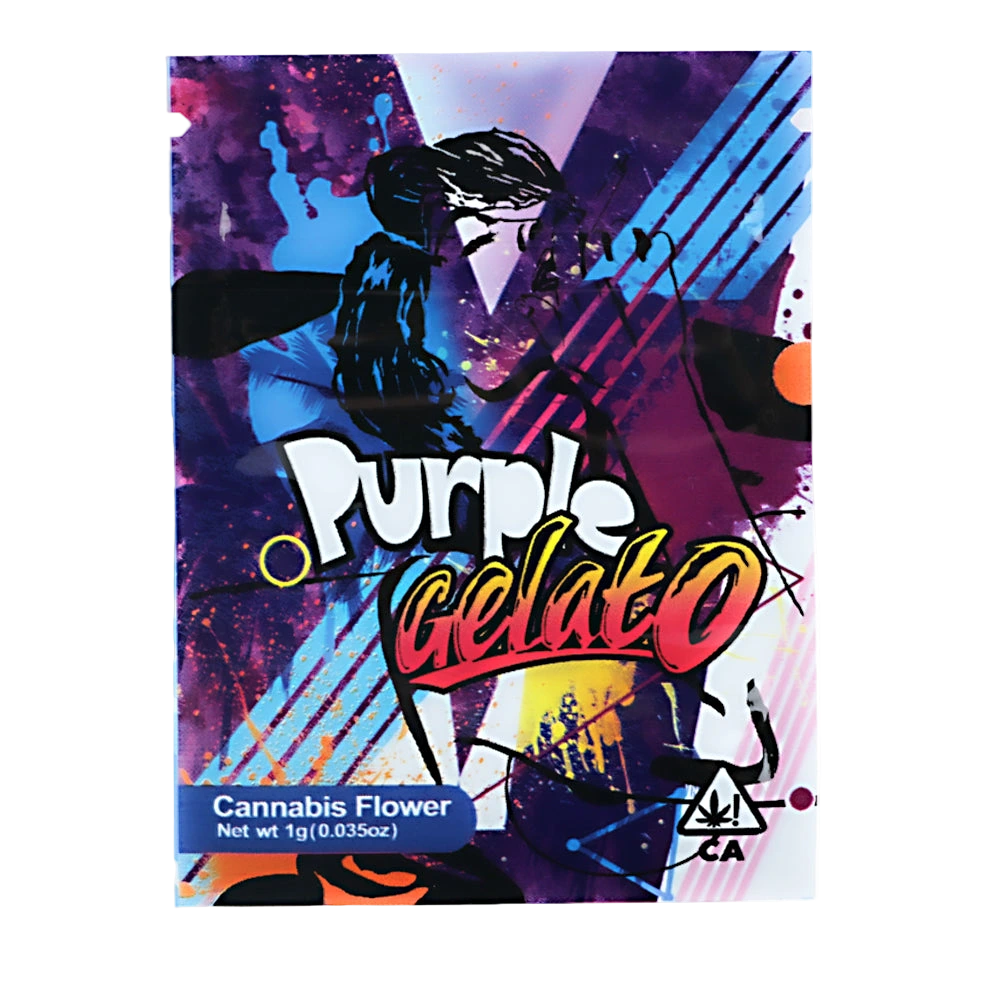 Mylar Bag Purple Gelato cannabis flower packaging with colorful design and text.