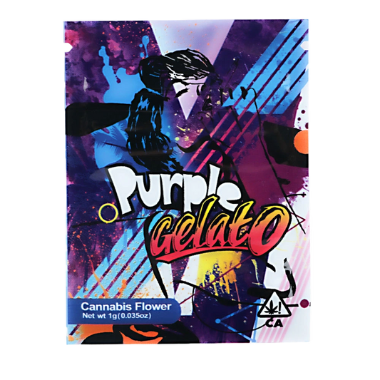 Mylar Bag Purple Gelato cannabis flower packaging with colorful design and text.