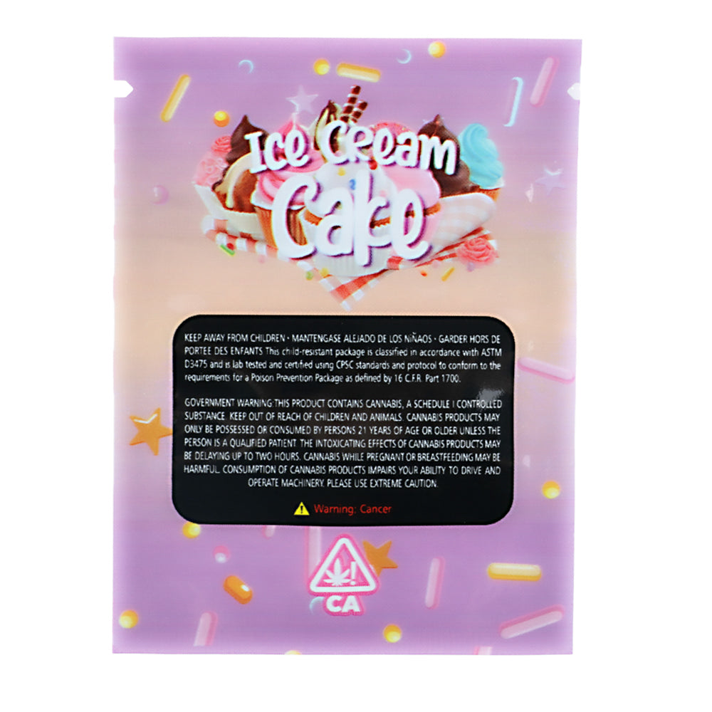 Mylar Bag Product packaging with 'Ice Cream Cake' text and colorful design on a white background