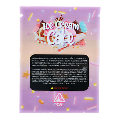 Mylar Bag Product packaging with 'Ice Cream Cake' text and colorful design on a white background