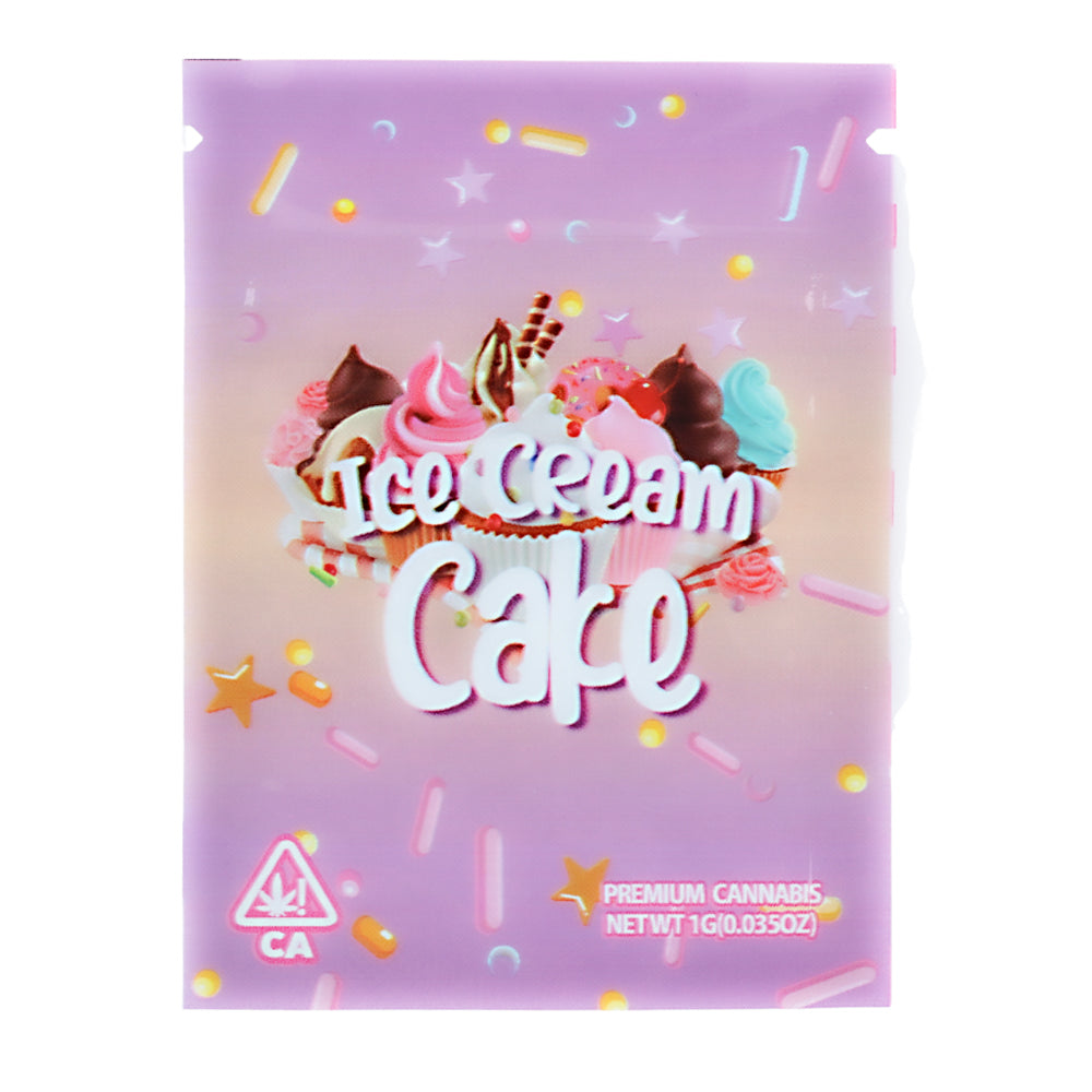 Mylar Bag Cannabis packaging with 'Ice Cream Cake' text and colorful design on a gradient background
