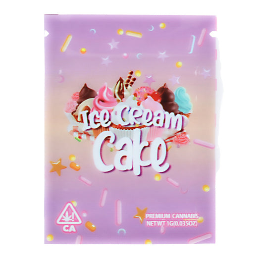 Mylar Bag Cannabis packaging with 'Ice Cream Cake' text and colorful design on a gradient background