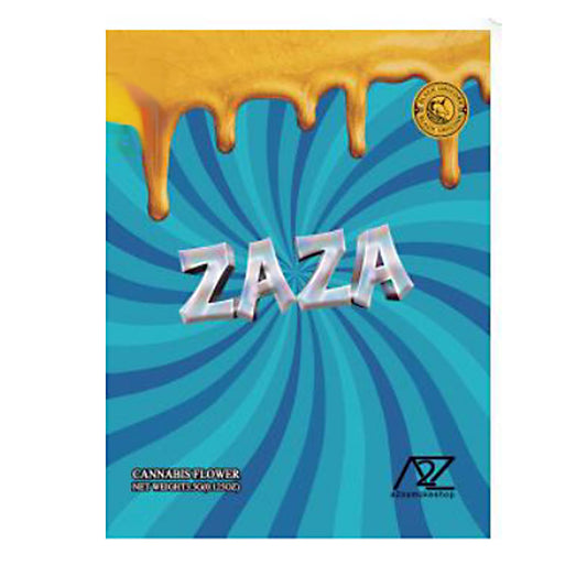 Mylar Bag Zaza cannabis flower packaging with blue and yellow design