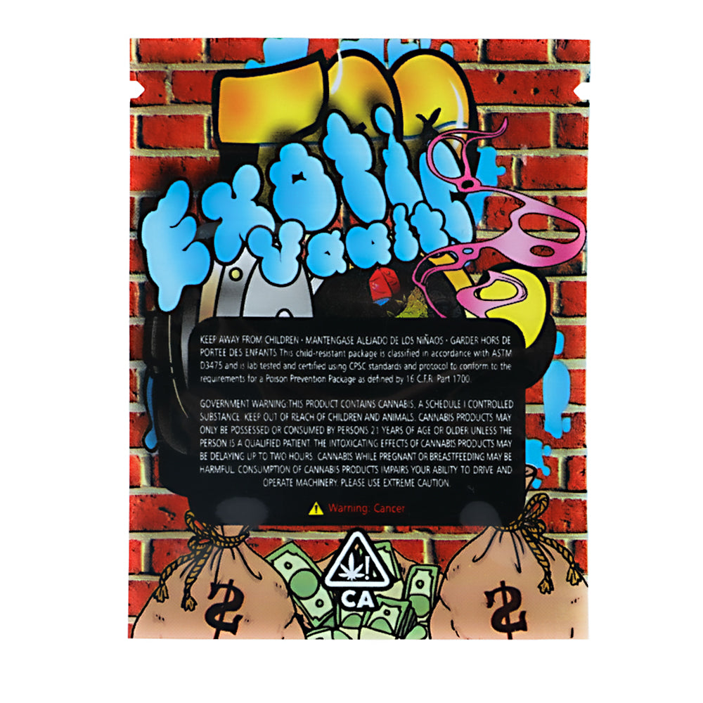 Mylar Bag Drug packaging with colorful text and graphics on a brick wall background