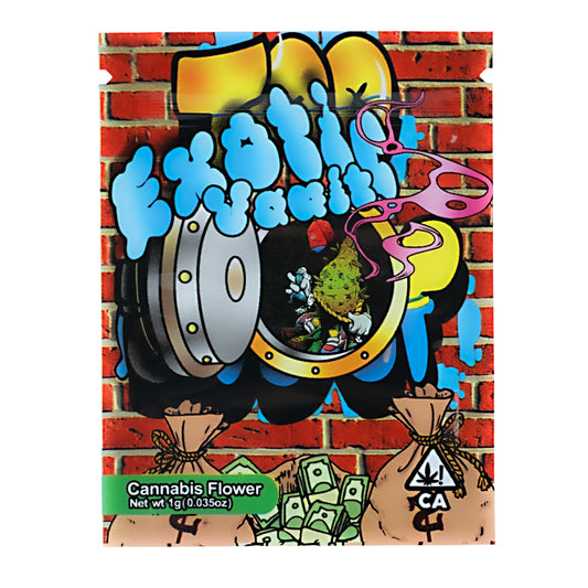 Mylar Bag Colorful cannabis flower packaging with 'Exotic Smoke' branding against a brick wall background.