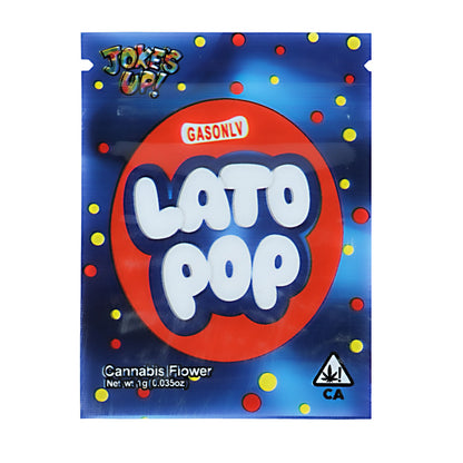 Mylar Bag Lato Pop packaging with colorful design and text on a blue background