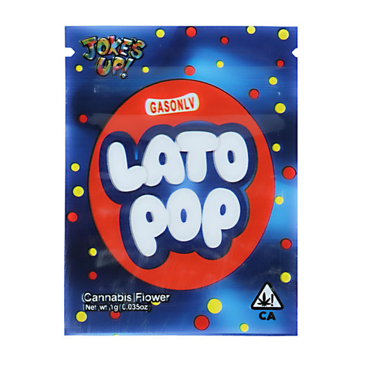 Mylar Bag Lato Pop packaging with colorful design and text on a blue background