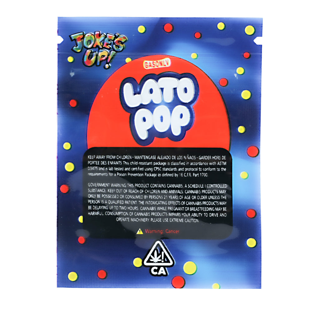 Mylar Bag Lato Pop packaging with colorful border and warning label on a white background