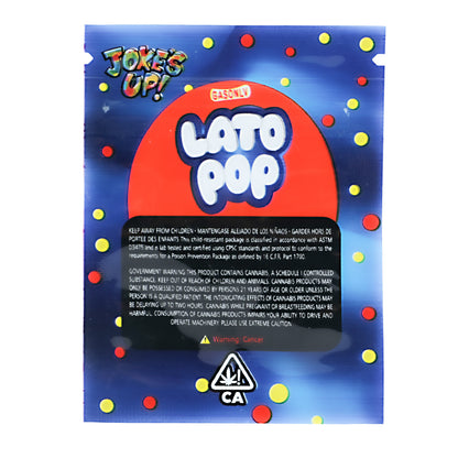 Mylar Bag Lato Pop packaging with colorful border and warning label on a white background