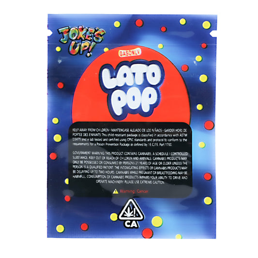 Mylar Bag Lato Pop packaging with colorful border and warning label on a white background