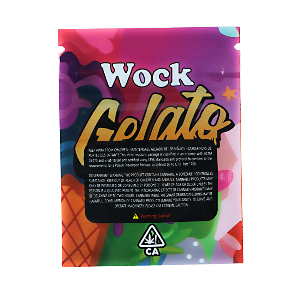 Mylar Bag Colorful packaging of Wock Gelato with text and a cannabis logo.
