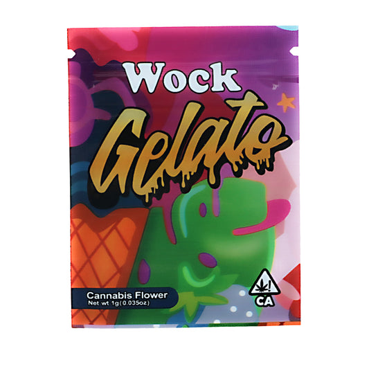 Mylar Bag Colorful packaging of Wock Gelato cannabis flower with a cartoon character on a white background