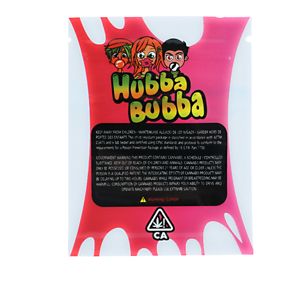 Mylar Bag Hubba Bubba bubble gum packaging with cartoon characters on a white background