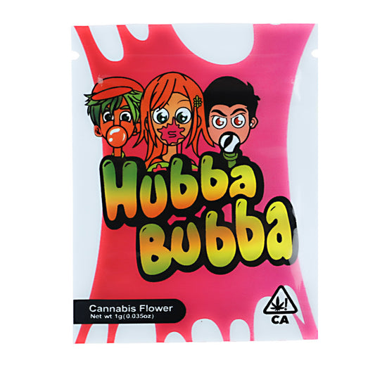 Mylar Bag Hubba Bubba cannabis flower packaging with cartoon characters on a red background