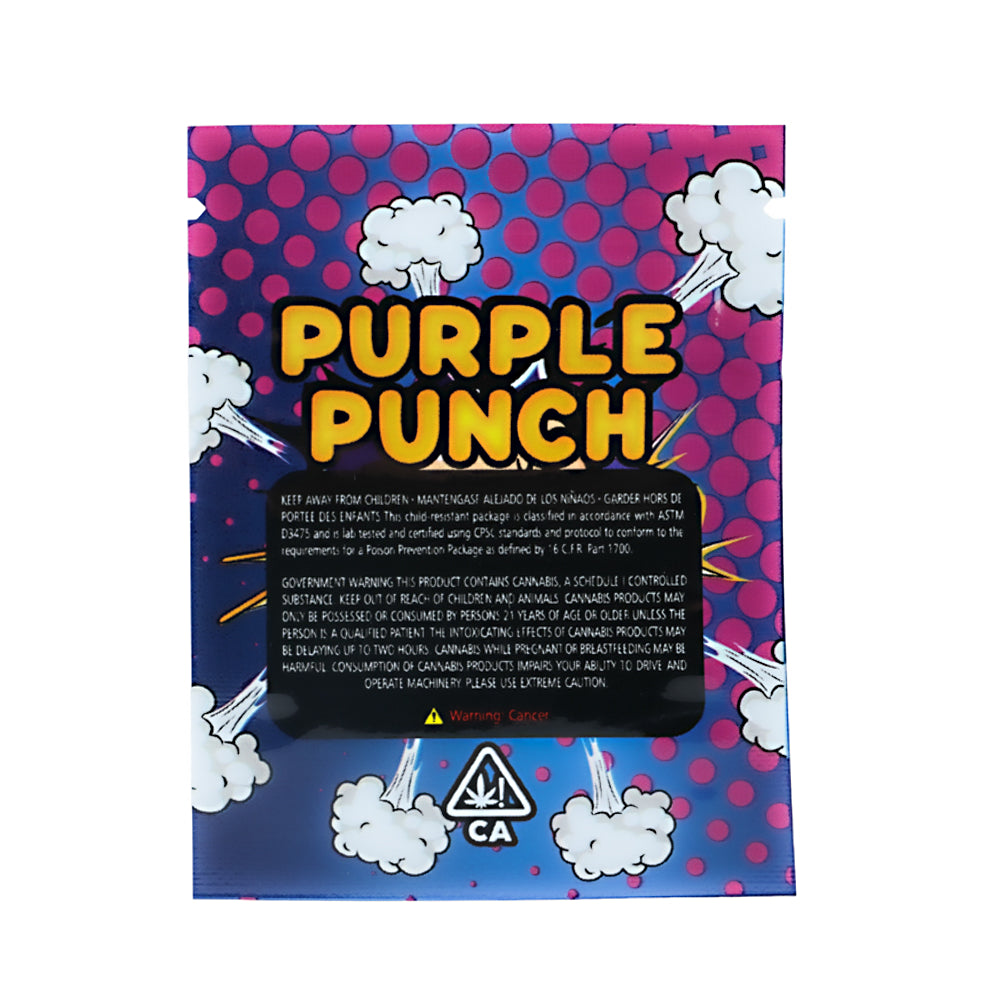 Mylar Bag Purple Punch packaging with colorful design and warning label on a white background