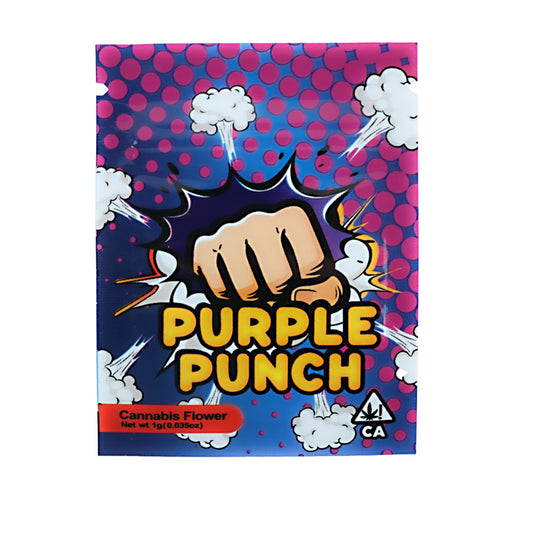 Mylar Bag Cannabis packaging with 'Purple Punch' branding on a colorful background
