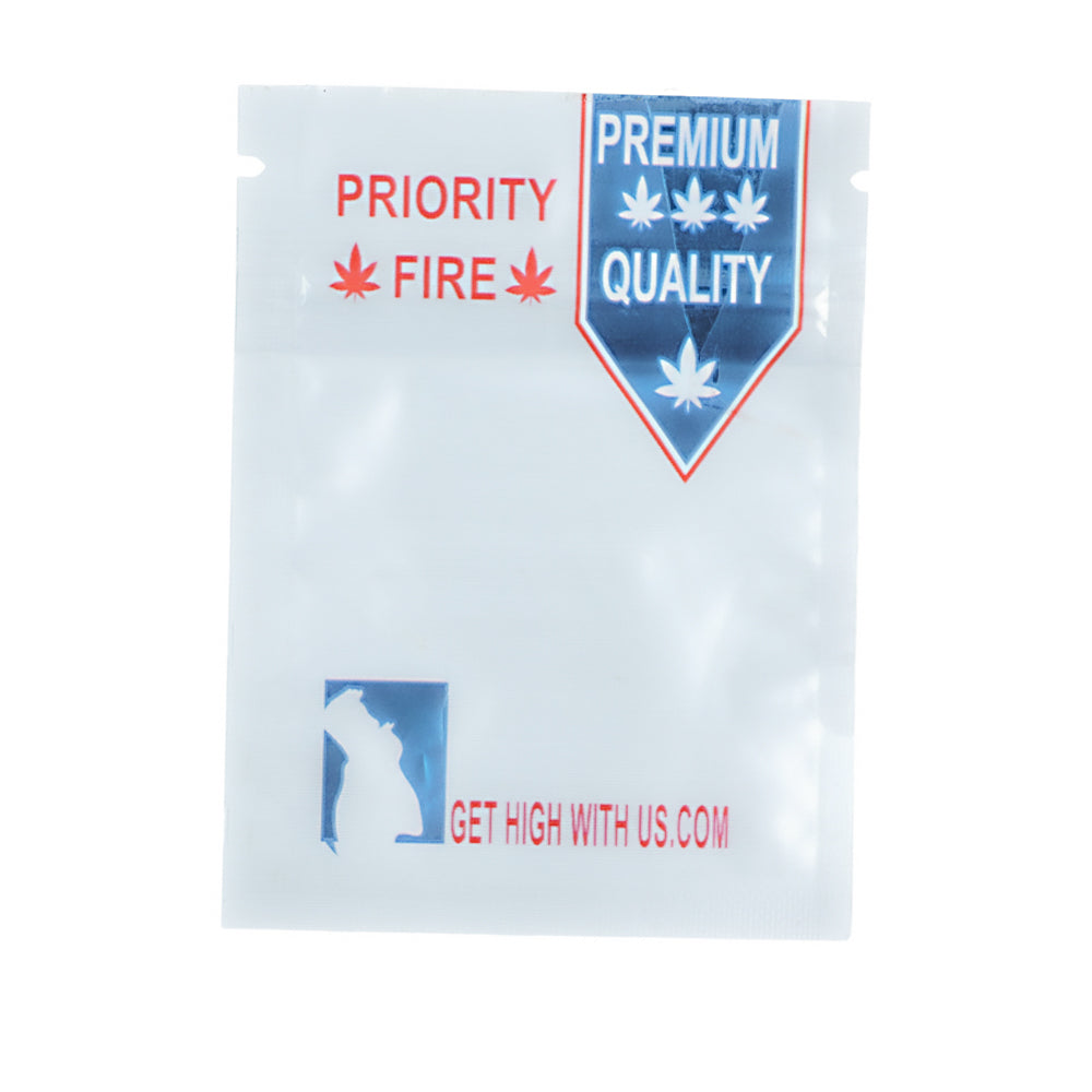 Mylar Bag Drug packaging with 'Priority Fire' and 'Premium Quality' text on a white background
