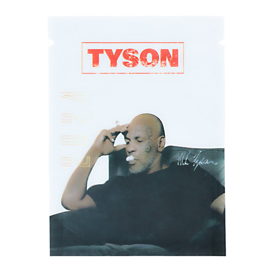 Mylar Bag Person sitting on a couch with 'TYSON' branding above them