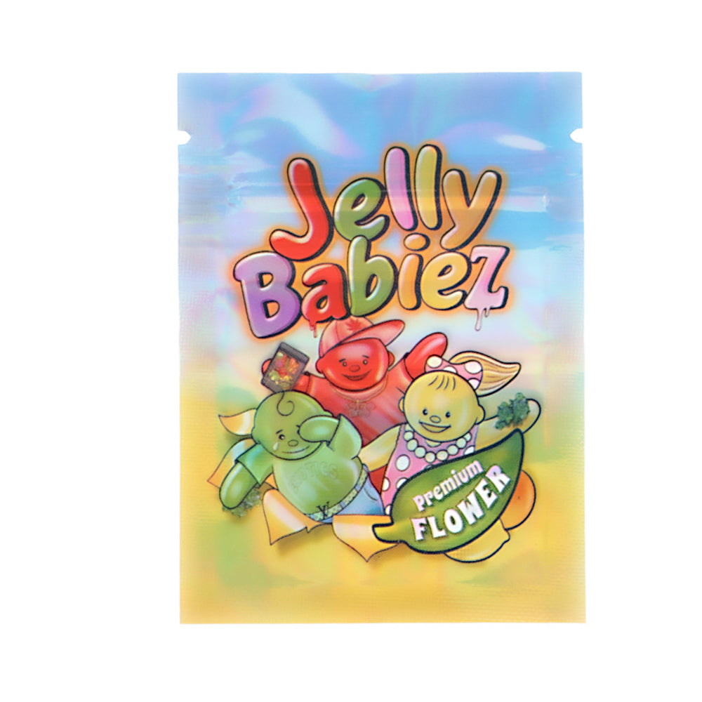 Mylar Bag Jelly Babiez packaging with cartoon characters on a colorful background